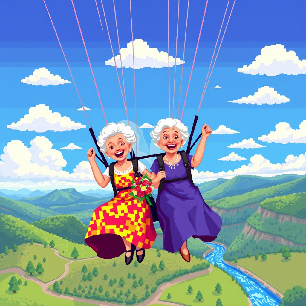 Two elderly women getting married while paragliding, rendered in an 80s retro pixel art style reminiscent of classic video games