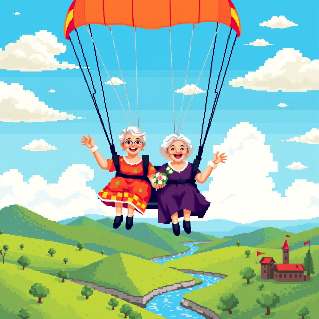 Two elderly women getting married while paragliding, rendered in an 80s retro pixel art style reminiscent of classic video games