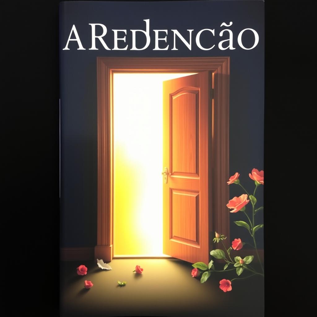 A book cover titled 'A Redenção', featuring an open door with a warm, inviting glow radiating through the crack