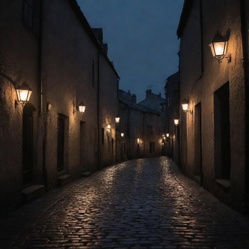 The quaint town consumed by an impenetrable darkness, the flicker of the lanterns swallowed by the encroaching shadows, the cobblestones indistinguishable beneath an ominous, bleak night sky