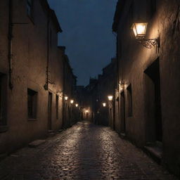 The quaint town consumed by an impenetrable darkness, the flicker of the lanterns swallowed by the encroaching shadows, the cobblestones indistinguishable beneath an ominous, bleak night sky