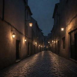 The quaint town consumed by an impenetrable darkness, the flicker of the lanterns swallowed by the encroaching shadows, the cobblestones indistinguishable beneath an ominous, bleak night sky