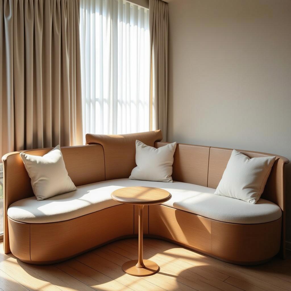 A serene interior scene depicting a stylish corner sofa with plush white cushions in a modern setting