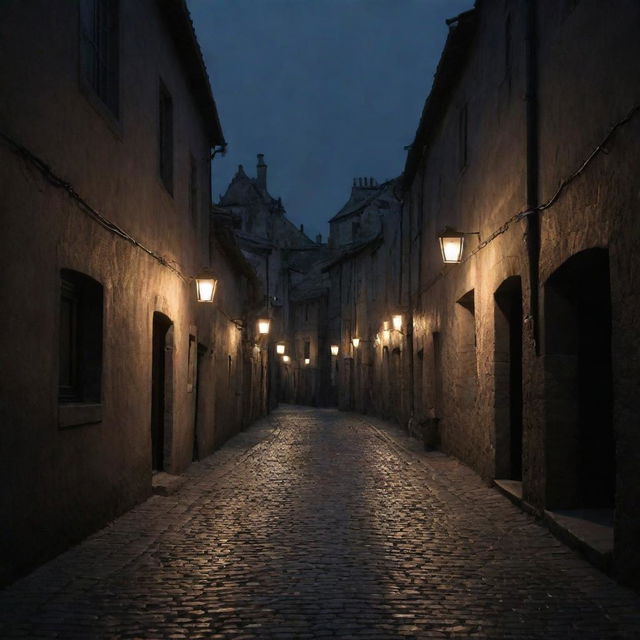 The quaint town consumed by an impenetrable darkness, the flicker of the lanterns swallowed by the encroaching shadows, the cobblestones indistinguishable beneath an ominous, bleak night sky