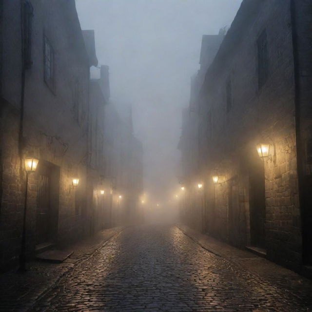 The quaint town smothered in a blanket of impenetrable darkness and heavy, ghostly fog. The path is barely visible under the mysterious pall, their cobblestones vanishing within the swirling mists, and flickering lanterns submerged in the shrouded gloom