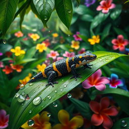 A vibrant black and yellow striped salamander resting on a lush green leaf, adorned with glistening raindrops and dew in a tropical jungle setting