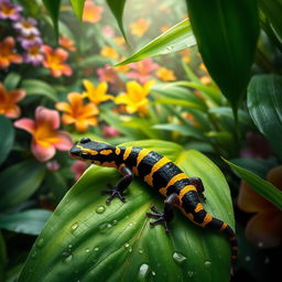 A vibrant black and yellow striped salamander resting on a lush green leaf, adorned with glistening raindrops and dew in a tropical jungle setting