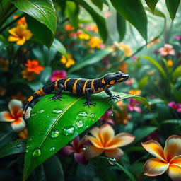 A vibrant black and yellow striped salamander resting on a lush green leaf, adorned with glistening raindrops and dew in a tropical jungle setting