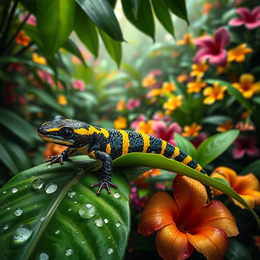 A vibrant black and yellow striped salamander resting on a lush green leaf, adorned with glistening raindrops and dew in a tropical jungle setting