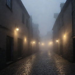 The quaint town smothered in a blanket of impenetrable darkness and heavy, ghostly fog. The path is barely visible under the mysterious pall, their cobblestones vanishing within the swirling mists, and flickering lanterns submerged in the shrouded gloom