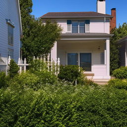 A charming, warm, and inviting suburban house with a well-groomed garden and a picket fence under a clear, sunny sky