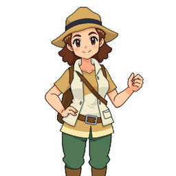 A woman character with real proportions, designed in a simplified OverWorld pixel art style for a Pokémon game