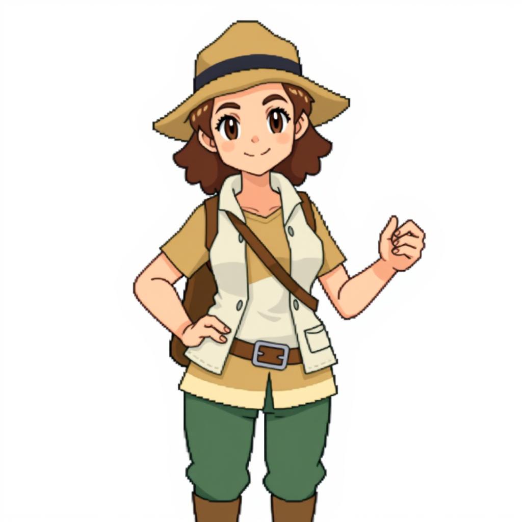 A woman character with real proportions, designed in a simplified OverWorld pixel art style for a Pokémon game
