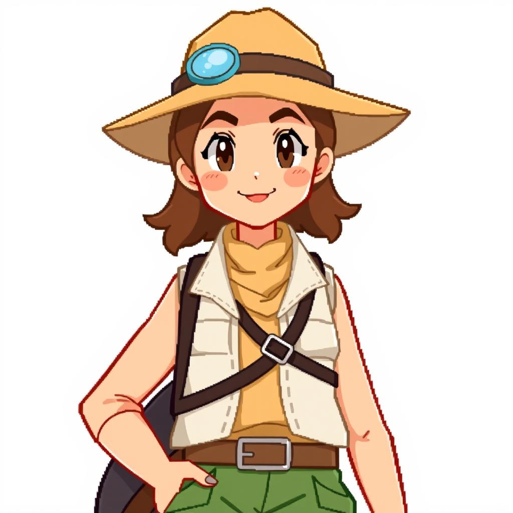 A woman character with real proportions, designed in a simplified OverWorld pixel art style for a Pokémon game