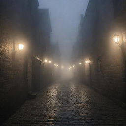 The quaint town smothered in a blanket of impenetrable darkness and heavy, ghostly fog. The path is barely visible under the mysterious pall, their cobblestones vanishing within the swirling mists, and flickering lanterns submerged in the shrouded gloom