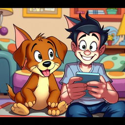 In the playful and exaggerated style of Tom and Jerry, a brown puppy and its human owner are sitting side by side, both staring at their smartphones with wide, mesmerized eyes