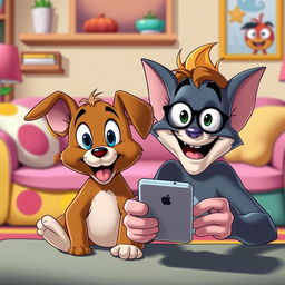 In the playful and exaggerated style of Tom and Jerry, a brown puppy and its human owner are sitting side by side, both staring at their smartphones with wide, mesmerized eyes