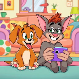 In the playful and exaggerated style of Tom and Jerry, a brown puppy and its human owner are sitting side by side, both staring at their smartphones with wide, mesmerized eyes