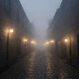 The quaint town smothered in a blanket of impenetrable darkness and heavy, ghostly fog. The path is barely visible under the mysterious pall, their cobblestones vanishing within the swirling mists, and flickering lanterns submerged in the shrouded gloom