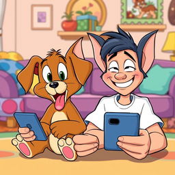 In the playful and exaggerated style of Tom and Jerry, a brown puppy and its human owner are sitting side by side, both staring at their smartphones with wide, mesmerized eyes