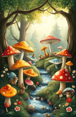 A whimsical fairy tale scene in a lush forest, featuring a variety of colorful mushrooms of different shapes and sizes