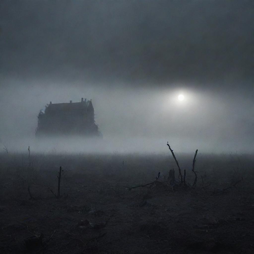 A desolate, sprawling landscape swallowed by the impenetrable darkness, under an oppressive night sky. A heavy, eerie fog obscures the land, enhancing the area's menacing appeal. Dimly lit structures appear as mere shadows, vanishing into the swirling mists