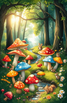 A whimsical fairy tale scene in a lush forest, featuring a variety of colorful mushrooms of different shapes and sizes