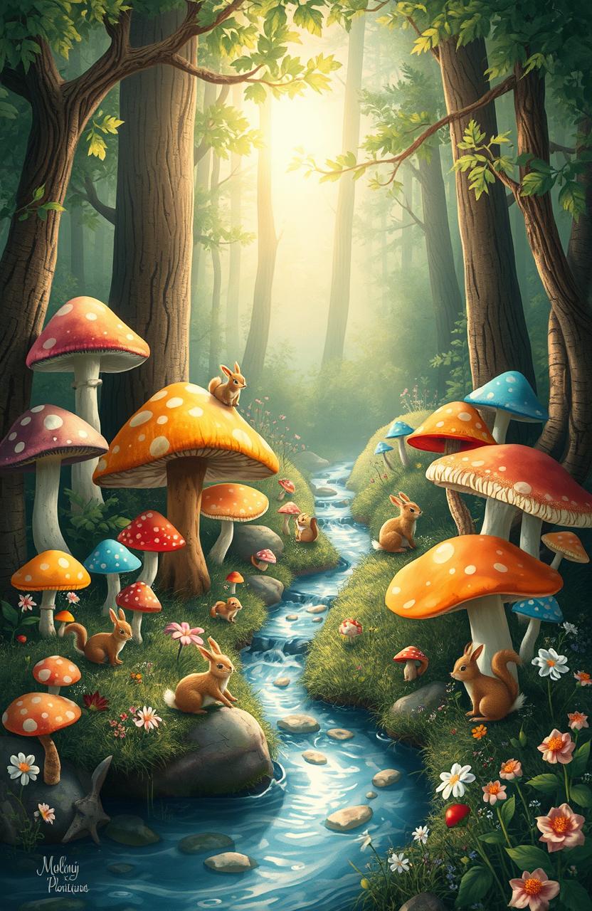 A whimsical fairy tale scene in a lush forest, featuring a variety of colorful mushrooms of different shapes and sizes