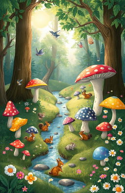 A whimsical fairy tale scene in a lush forest, featuring a variety of colorful mushrooms of different shapes and sizes