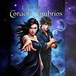 A captivating book cover for 'Ecos de um Coração Sombrios', featuring a mystical and dark romance theme