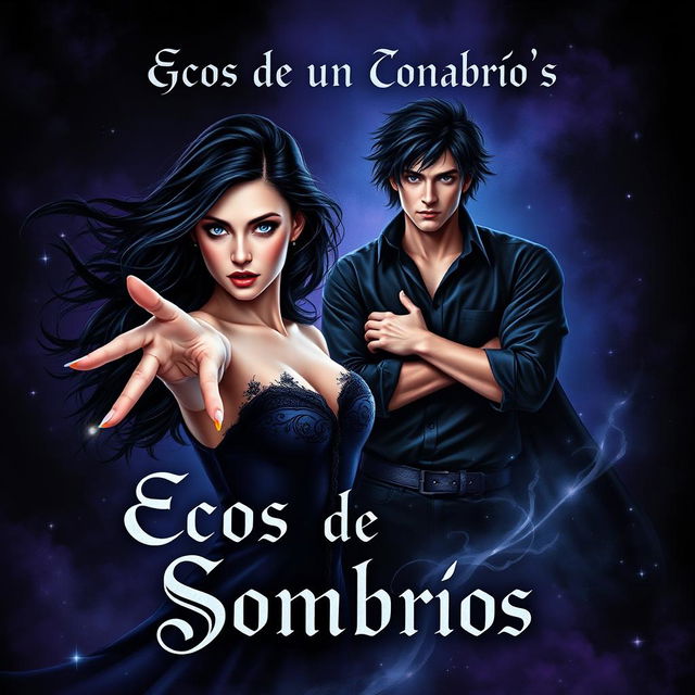 A captivating book cover for 'Ecos de um Coração Sombrios', featuring a mystical and dark romance theme