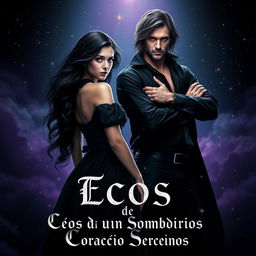 A mesmerizing book cover for 'Ecos de um Coração Sombrios', embodying a dark romance theme with an enchanting visual appeal