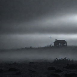 A desolate, sprawling landscape swallowed by the impenetrable darkness, under an oppressive night sky. A heavy, eerie fog obscures the land, enhancing the area's menacing appeal. Dimly lit structures appear as mere shadows, vanishing into the swirling mists