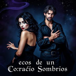 A mesmerizing book cover for 'Ecos de um Coração Sombrios', embodying a dark romance theme with an enchanting visual appeal