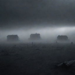 A desolate, sprawling landscape swallowed by the impenetrable darkness, under an oppressive night sky. A heavy, eerie fog obscures the land, enhancing the area's menacing appeal. Dimly lit structures appear as mere shadows, vanishing into the swirling mists