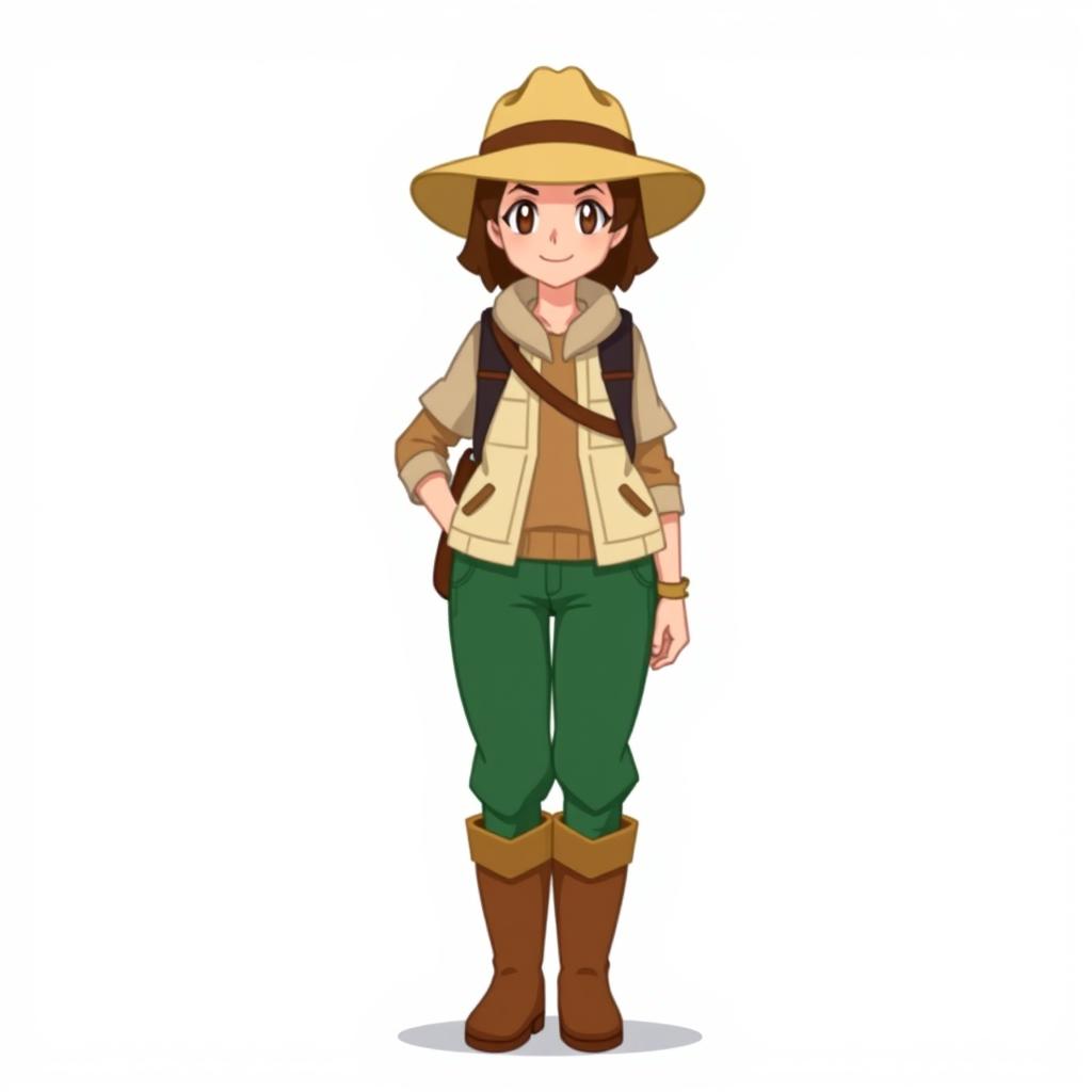 A full-body character design of a woman with real proportions, created in a simplified OverWorld pixel art style for a Pokémon game