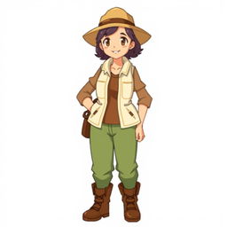 A full-body character design of a woman with real proportions, created in a simplified OverWorld pixel art style for a Pokémon game