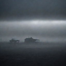 A desolate, sprawling landscape swallowed by the impenetrable darkness, under an oppressive night sky. A heavy, eerie fog obscures the land, enhancing the area's menacing appeal. Dimly lit structures appear as mere shadows, vanishing into the swirling mists