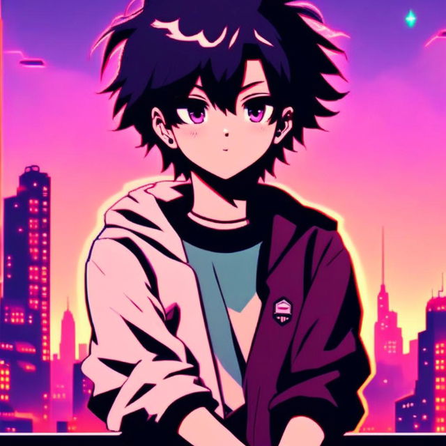 Retro-futuristic anime profile picture featuring a moody, emo schoolboy who's the cool kid in town, set against a neon-lit cityscape.