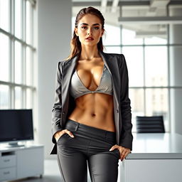 A photorealistic scene depicting a sporty woman wearing an open blazer over an open blouse with a wide neckline, showcasing sideboob and her toned abdominal muscles