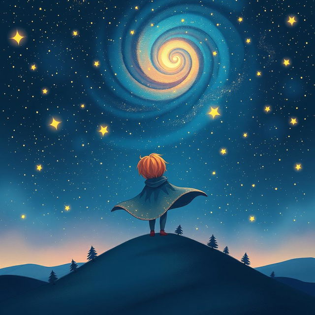 A charming illustration of a starry boy standing on a hilltop under a vast night sky filled with twinkling stars