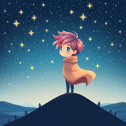 A charming illustration of a starry boy standing on a hilltop under a vast night sky filled with twinkling stars