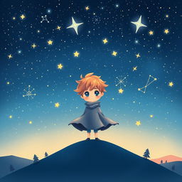 A charming illustration of a starry boy standing on a hilltop under a vast night sky filled with twinkling stars