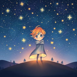 A charming illustration of a starry boy standing on a hilltop under a vast night sky filled with twinkling stars