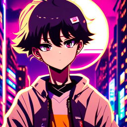 Retro-futuristic anime profile picture featuring a moody, emo schoolboy who's the cool kid in town, set against a neon-lit cityscape.