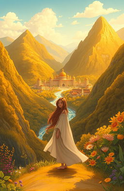 A serene illustration of an ancient lost city nestled deep in lush green mountains, with golden fruit trees and sparkling silver rivers