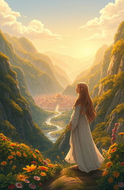 A serene illustration of an ancient lost city nestled deep in lush green mountains, with golden fruit trees and sparkling silver rivers