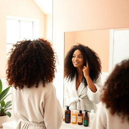 A beautiful young woman with curly hair showcasing her new hair routine