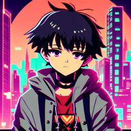 Retro-futuristic anime profile picture featuring a moody, emo schoolboy who's the cool kid in town, set against a neon-lit cityscape.