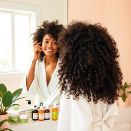 A beautiful young woman with curly hair showcasing her new hair routine